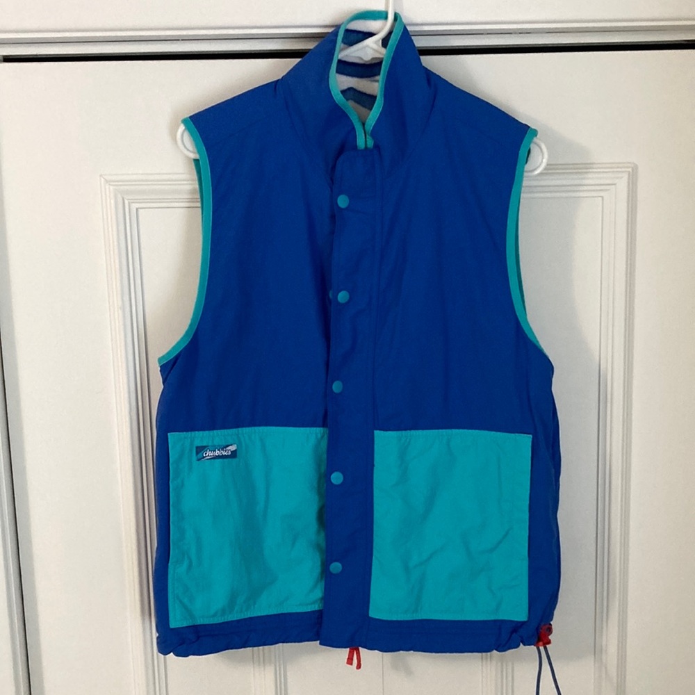 Chubbies Blue and Teal Vest. Reversible two side pockets zip/snap front.